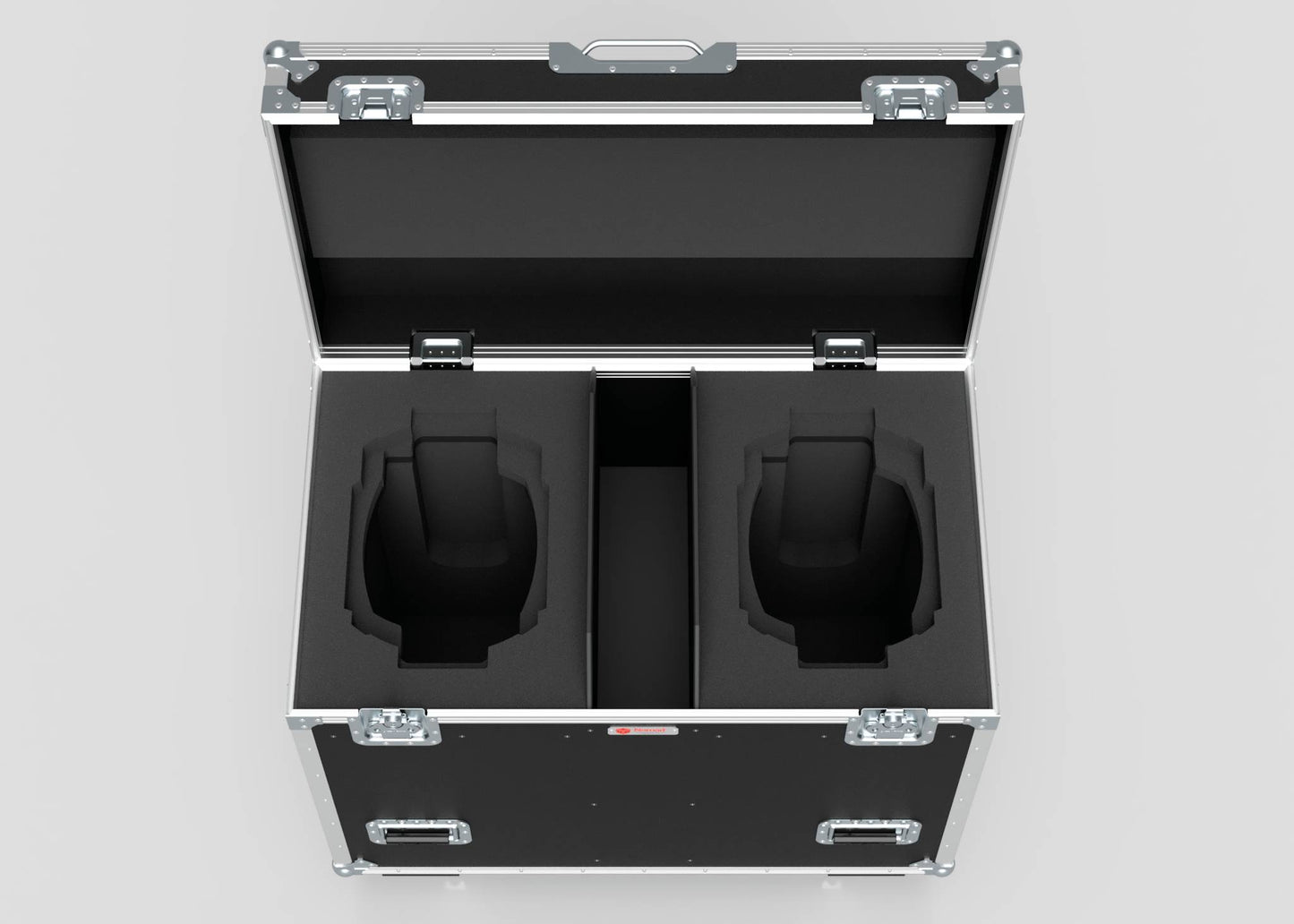 The Dual Prolight Hybrid 300IP’s black hard case, with foam inserts and two compartments, opens to reveal empty molded spaces for secure equipment storage. Its external dimensions are 1025 x 600 x 930 mm for ample capacity.