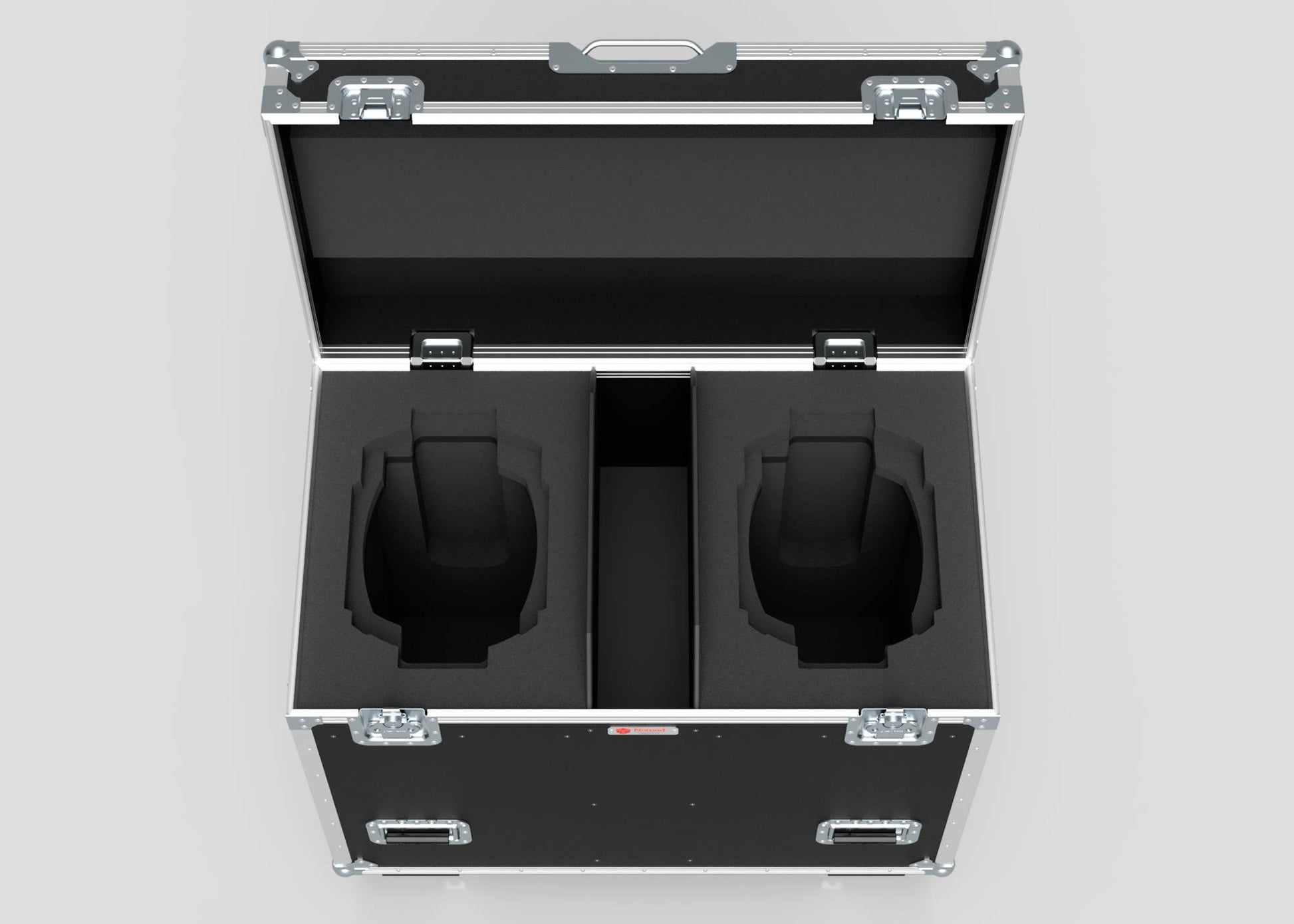 The Dual Prolight Hybrid 300IP’s black hard case, with foam inserts and two compartments, opens to reveal empty molded spaces for secure equipment storage. Its external dimensions are 1025 x 600 x 930 mm for ample capacity.