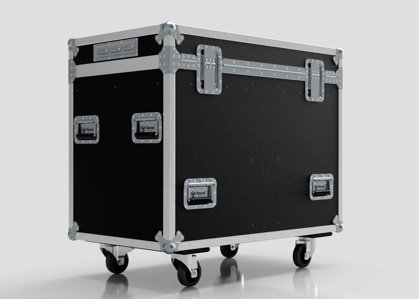 The Dual Prolight Hybrid 300IP is a black and silver hard-shell equipment case with metal reinforcements and handles, four wheels, and external dimensions of 1025 x 600 x 930 mm, shown against a plain light background.