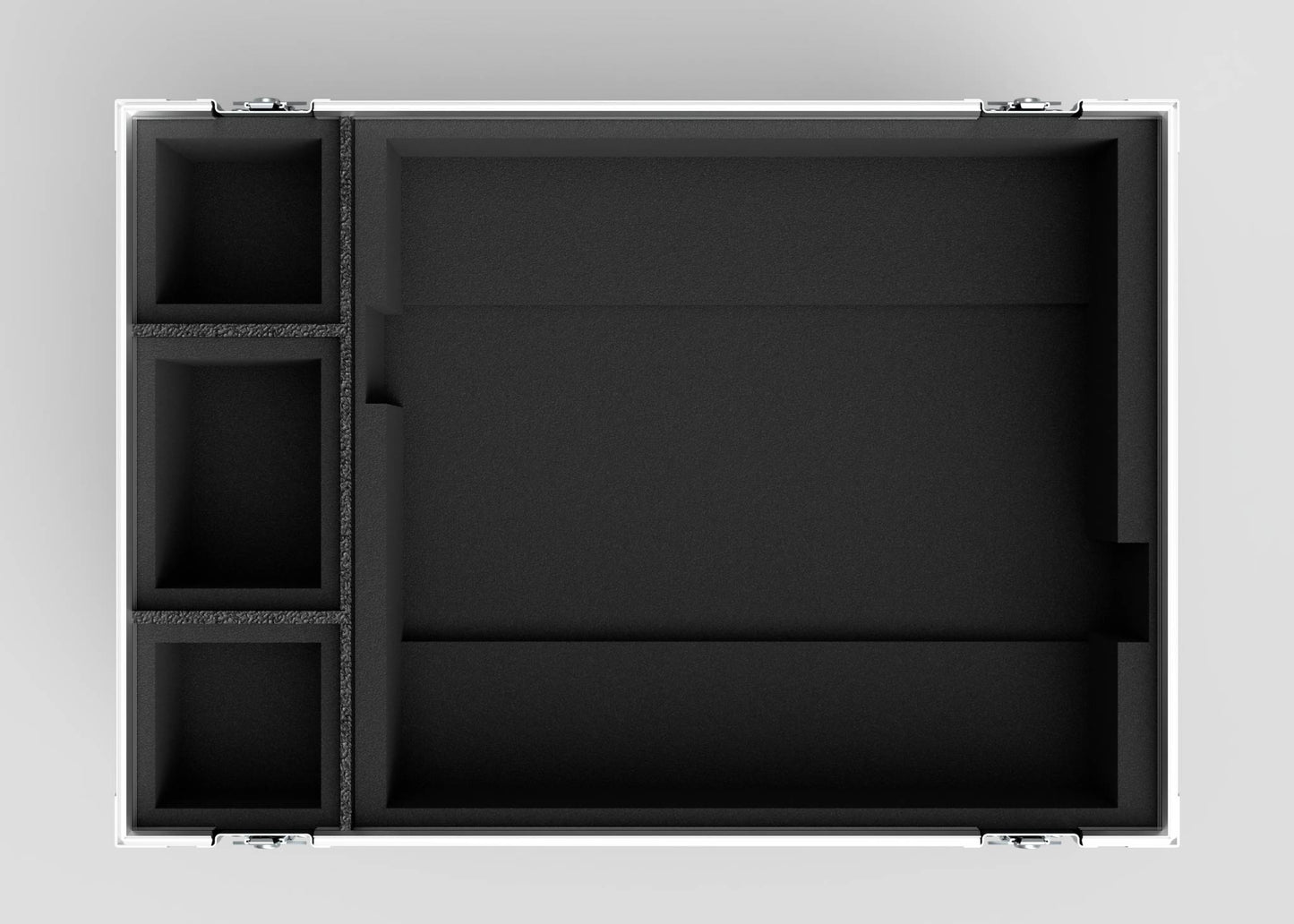 Top-down view of the Epsom L1000 & 20K Projector Case, empty and open, featuring four compartments on the left and one large compartment on the right, all lined with black foam. External dimensions: 1008 x 724 x 565 mm.