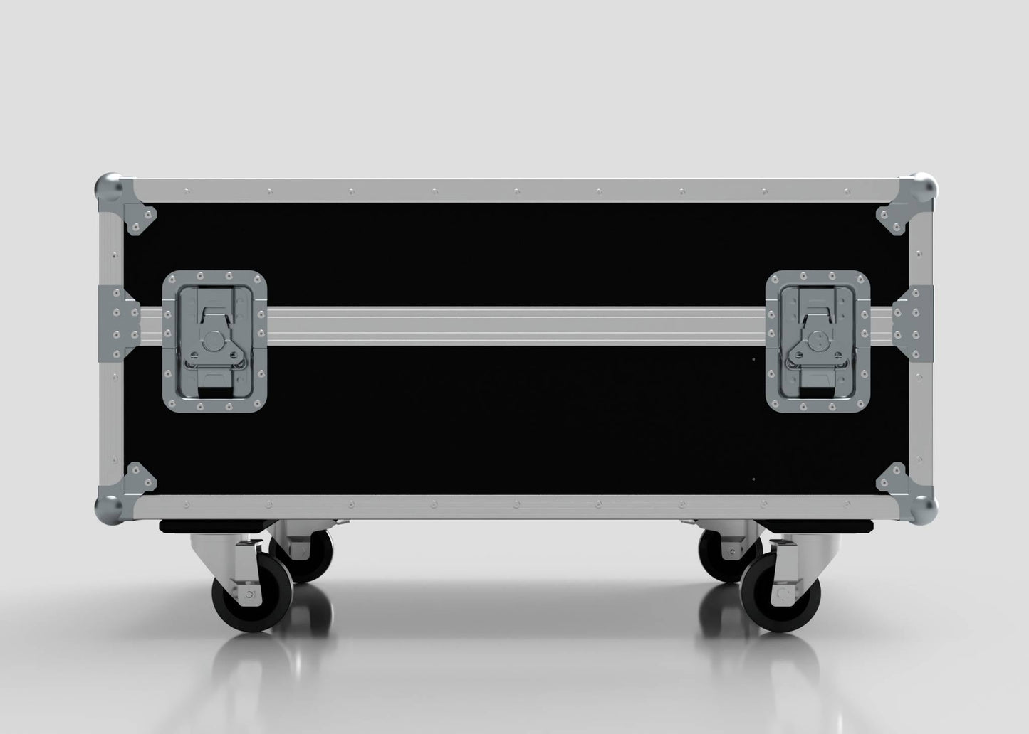 The Epsom L1000 & 20K Projector Case is a black rectangular flight case with metal reinforcements, handles, four caster wheels, and external dimensions of 1008 x 724 x 565 mm, shown against a plain background.