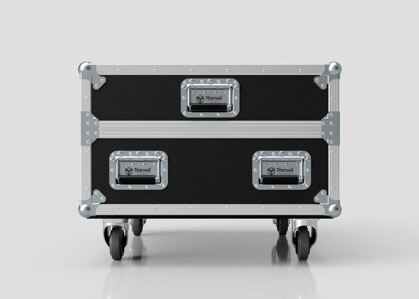 The Epsom L1000 & 20K Projector Case, a black road case with metal edges, corners, handles, and four wheels, is displayed on a light background. External dimensions: 1008 x 724 x 565 mm.