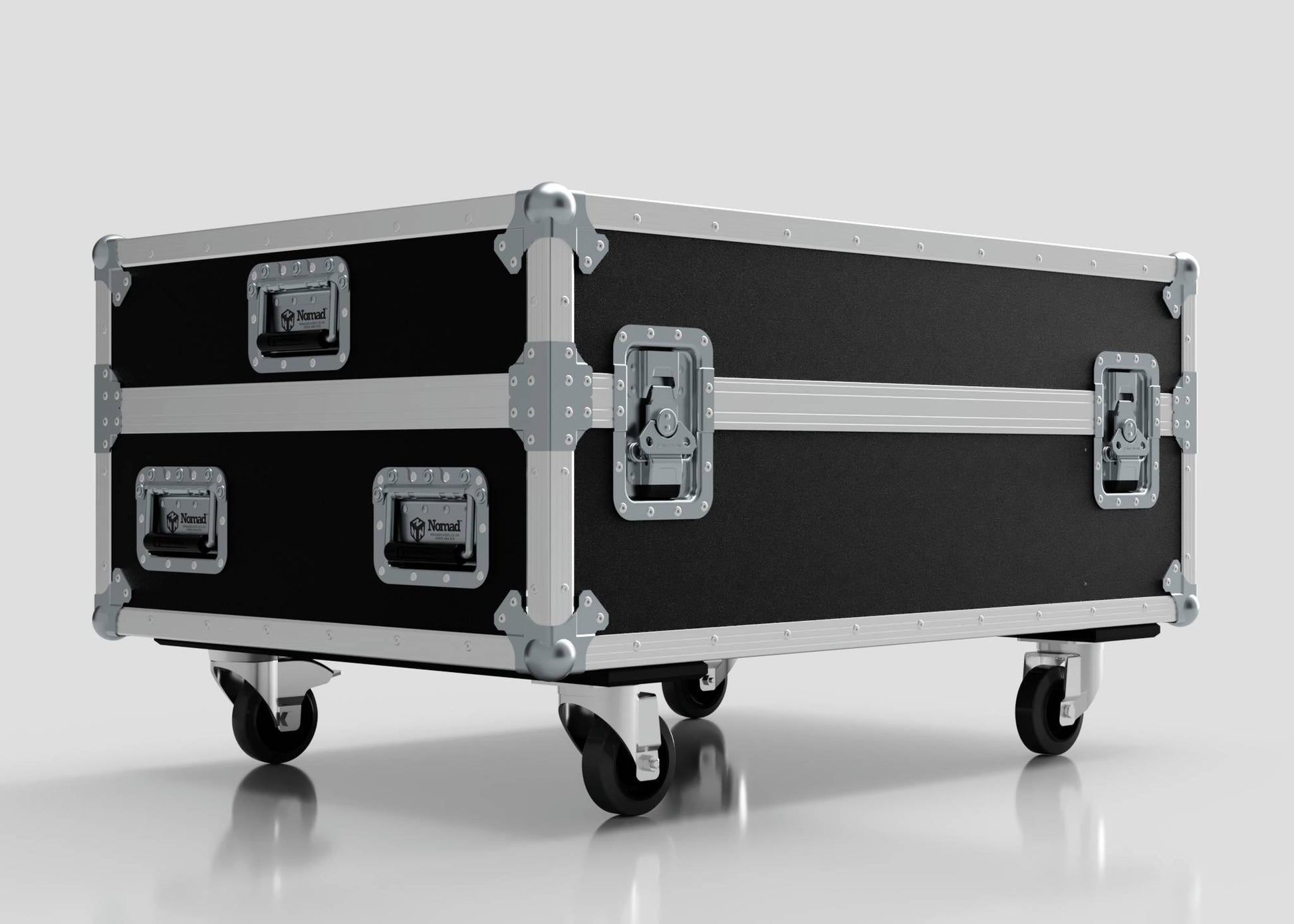 The Epsom L1000 & 20K Projector Case, featuring a black and silver design with metal corner reinforcements, handles, and four caster wheels, is shown on a plain background. Its external dimensions are 1008 x 724 x 565 mm.