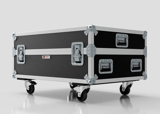 The Epsom L1000 & 20K Projector Case is a black and silver flight case with metal reinforcements and latches, measuring 1008 x 724 x 565 mm, shown against a plain light background, designed for transporting equipment.