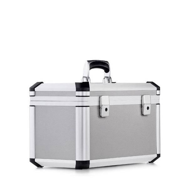The Exclusive 93500 is a small, rectangular silver aluminium frame case with black reinforced corners, an ergonomic top handle, and two front latches, shown against a white background.