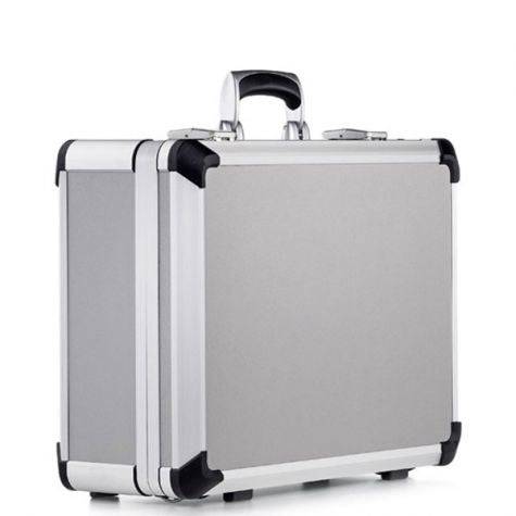 The Exclusive 93900 (460 x 340 x 174) is a silver aluminium frame case with a black handle and reinforced black corners, standing upright on a white background, featuring AEX design and high carrying comfort.