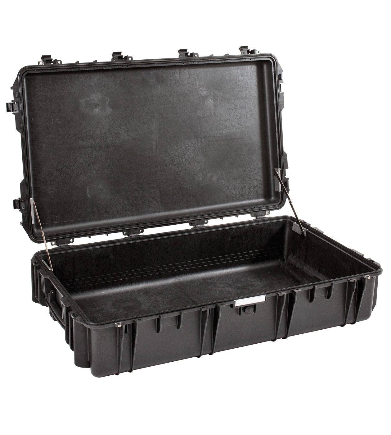 The Explorer 10826 is a large, hard-shell black watertight case shown open with an empty interior, secure lid latches, and locking loops for extra security.