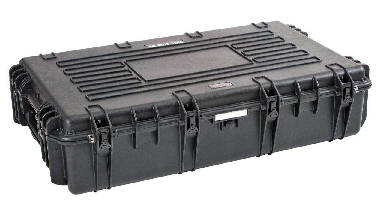 The Explorer 10826 is a large rectangular hard plastic carrying case featuring reinforced corners, multiple latches, a molded handle, and secure locking loops.