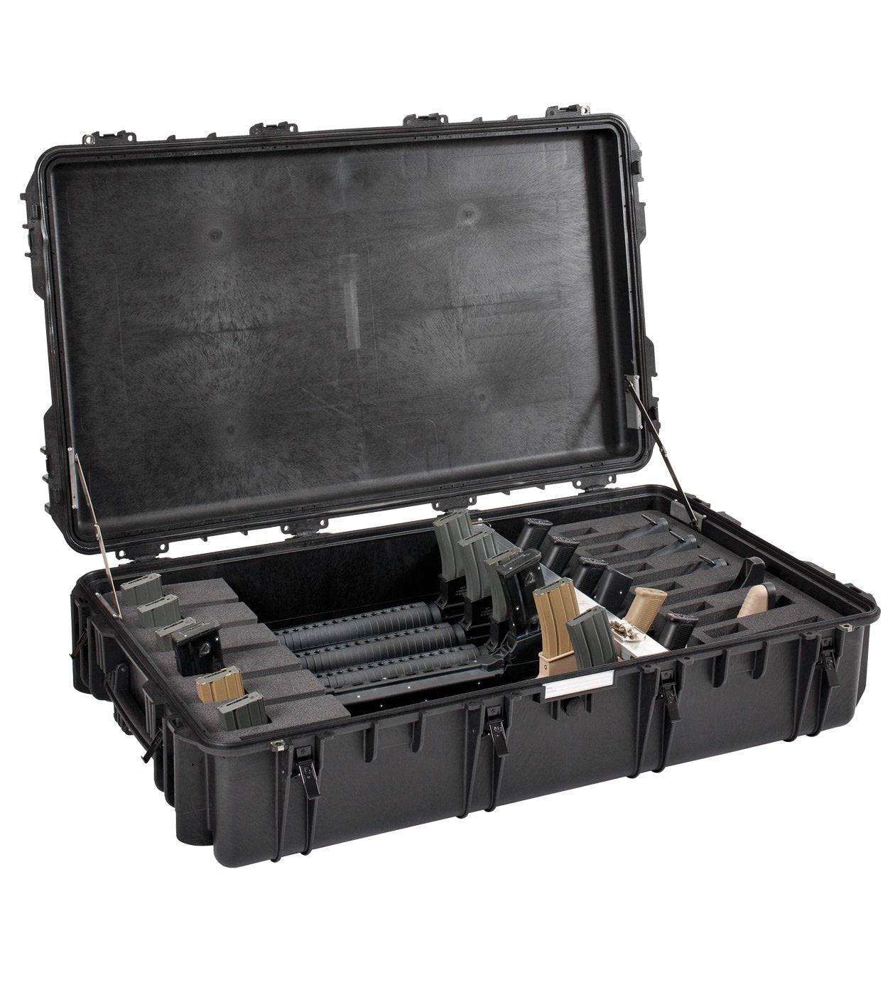 The Explorer 10826 is a black hard-shell, watertight case with foam compartments for a disassembled firearm and magazines, shown open. It has locking loops and a pressure release valve for enhanced security and protection.