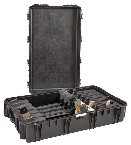 The Explorer 10826 is a hard-shell black carrying case with locking loops and foam inserts for multiple rifles and magazines. Displayed open, this watertight case ensures your gear stays protected in any environment.