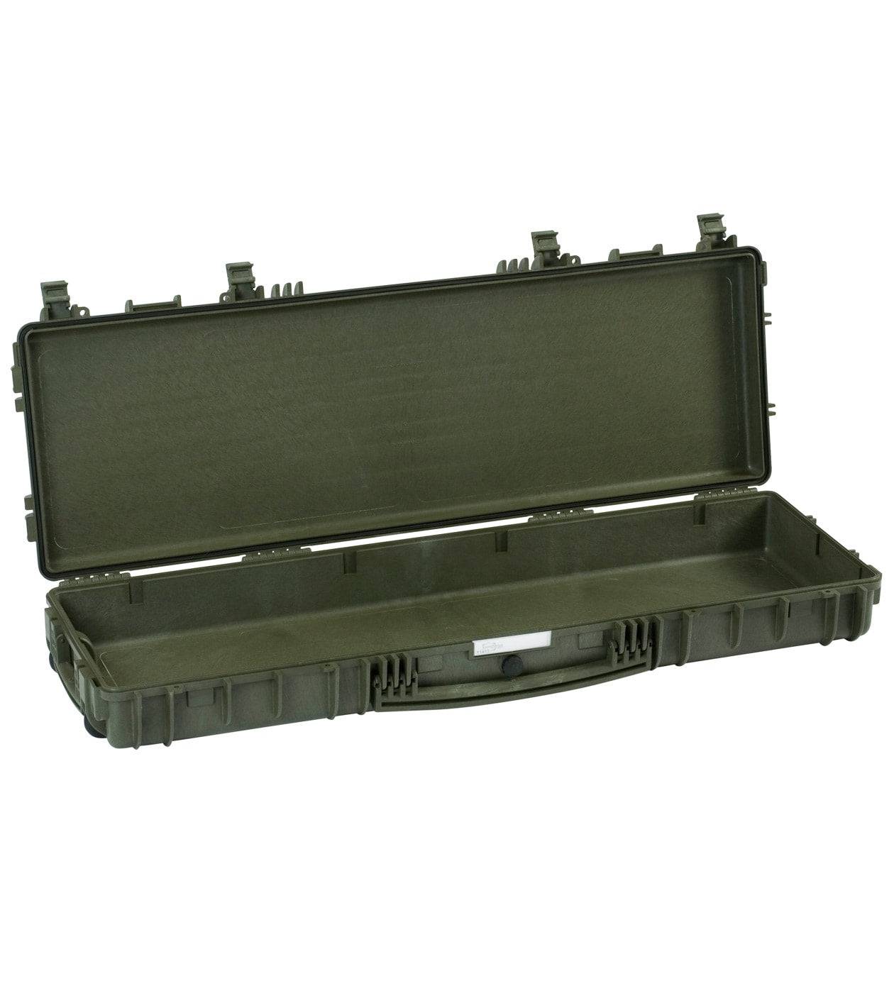 The Explorer 11413, an empty, open hard-shell green waterproof case with a handle, multiple latches, and metal hinges, is shown against a white background.