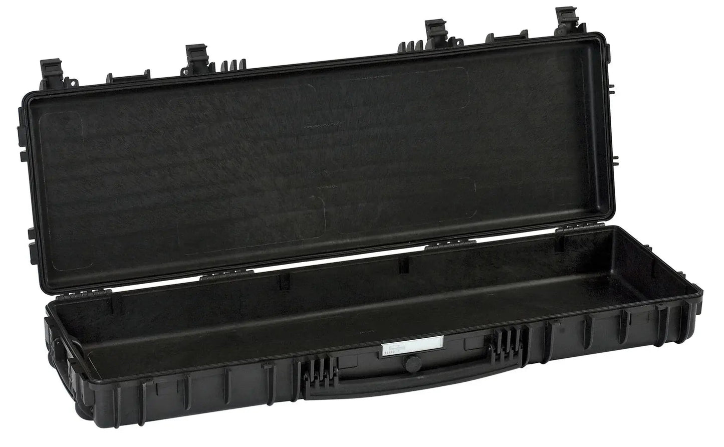 The Explorer 11413 is a large, hard-shell black carrying case with sturdy metal hinges, latches, and an exterior handle, shown open with an empty interior.