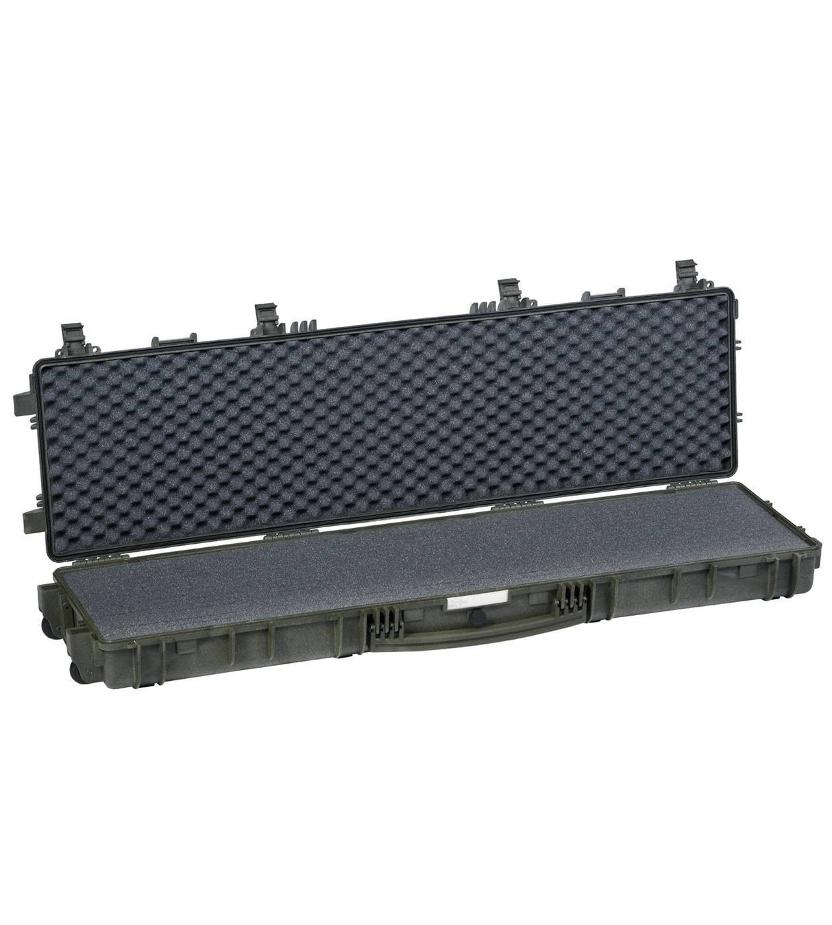 The Explorer 13513 is a long black hard-shell waterproof case with foam lining, corrosion-proof metal hinges, edge latches, a front handle, and a pressure release valve, shown open.