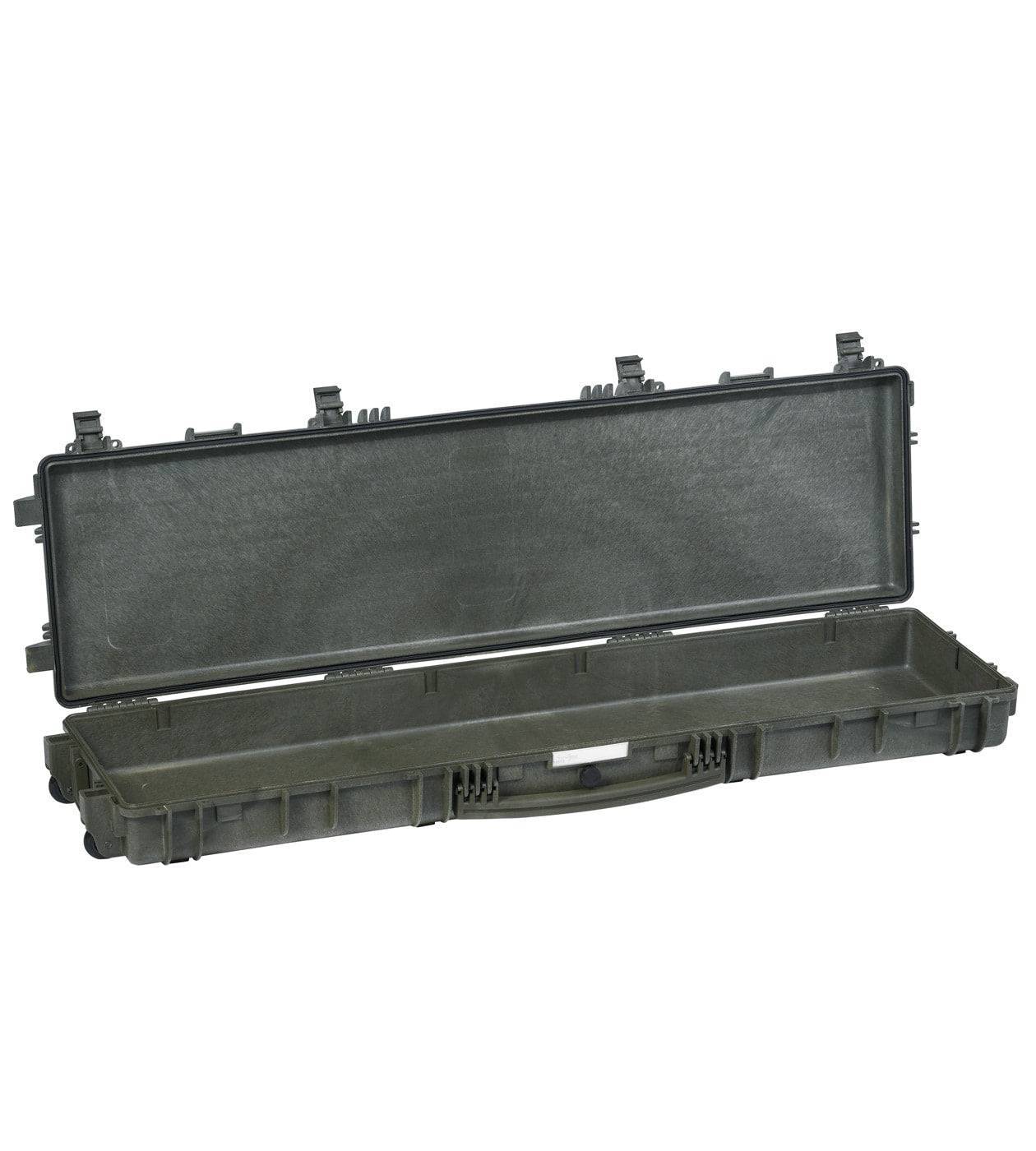 The open Explorer 13513 case displays its empty, long rectangular interior, with secure latches and corrosion-proof metal hinges on the edges, all constructed from hard plastic for waterproof protection.