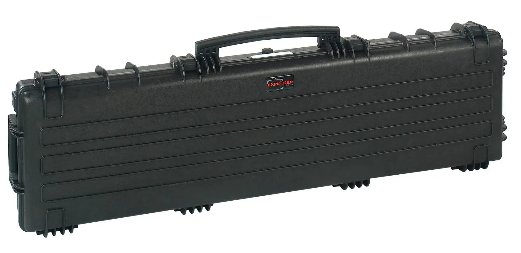 The Explorer 13513 is a long, hard-shell black carrying case with a top handle, secure latches, and corrosion-proof metal hinges, designed to safely transport equipment or instruments.