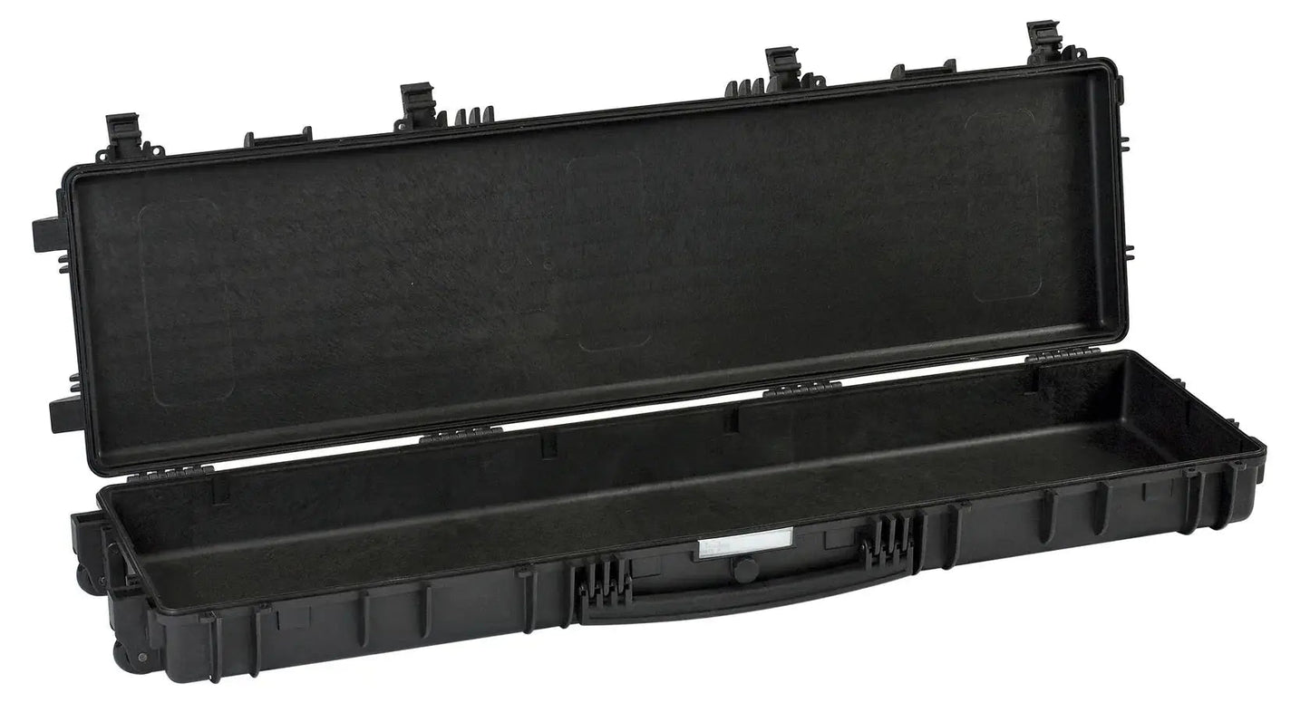 The Explorer 13513 is a large, black hard-shell waterproof case with an open lid, empty interior, secure edge latches, corrosion-proof metal hinges, and a built-in pressure release valve.