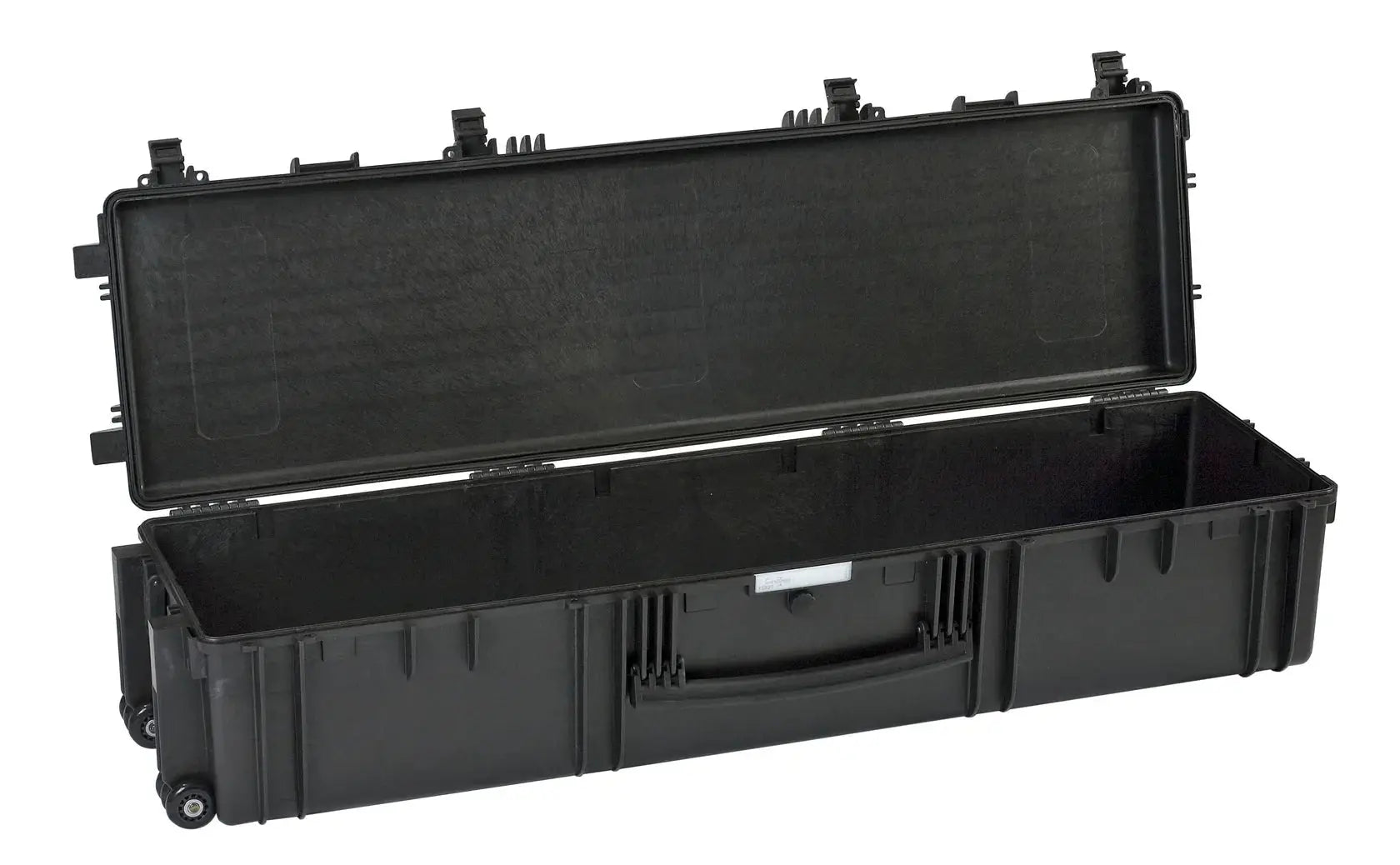 The Explorer 13527 is a large, black, hard plastic wheeled carrying case with a hinged lid, shown open and empty. This corrosion-proof case provides reliable protection for your items in any environment.
