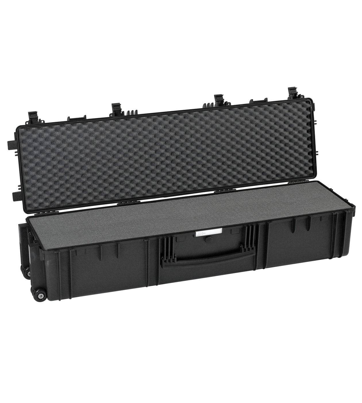 The Explorer 13527 is a black hard-shell waterproof storage box with egg crate foam lining, open to show its padded interior, ideal for transporting long items. It features stainless steel reinforced corners for enhanced durability.