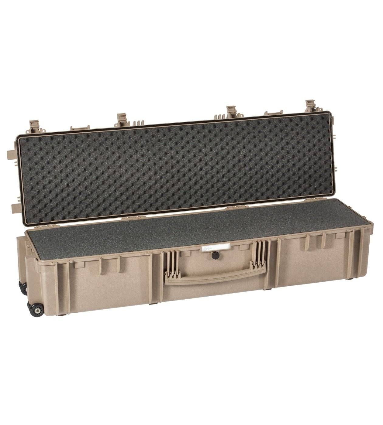 The Explorer 13527 is a tan, hard-shell waterproof storage box with a hinged lid, interior foam, wheels on one end, and a corrosion-proof design. The case is shown open and empty.