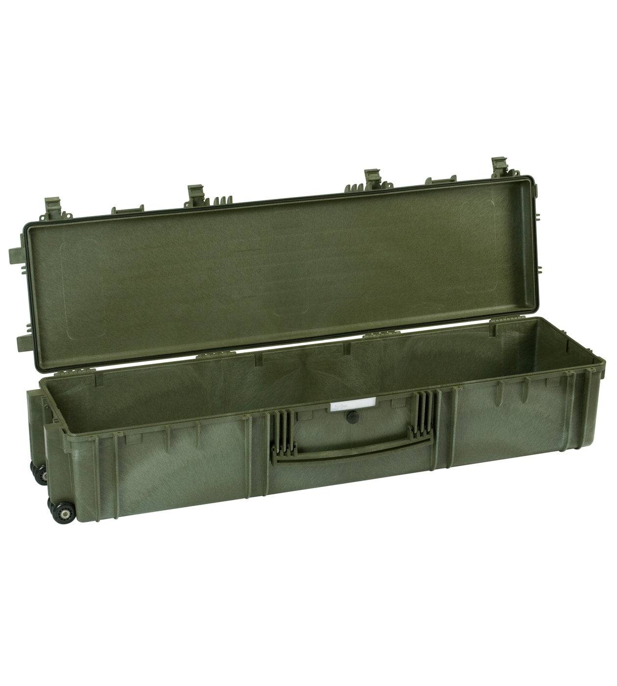 The Explorer 13527 is a large, olive green, hard-shell carrying case with wheels and latches, reinforced with stainless steel, shown open and empty.