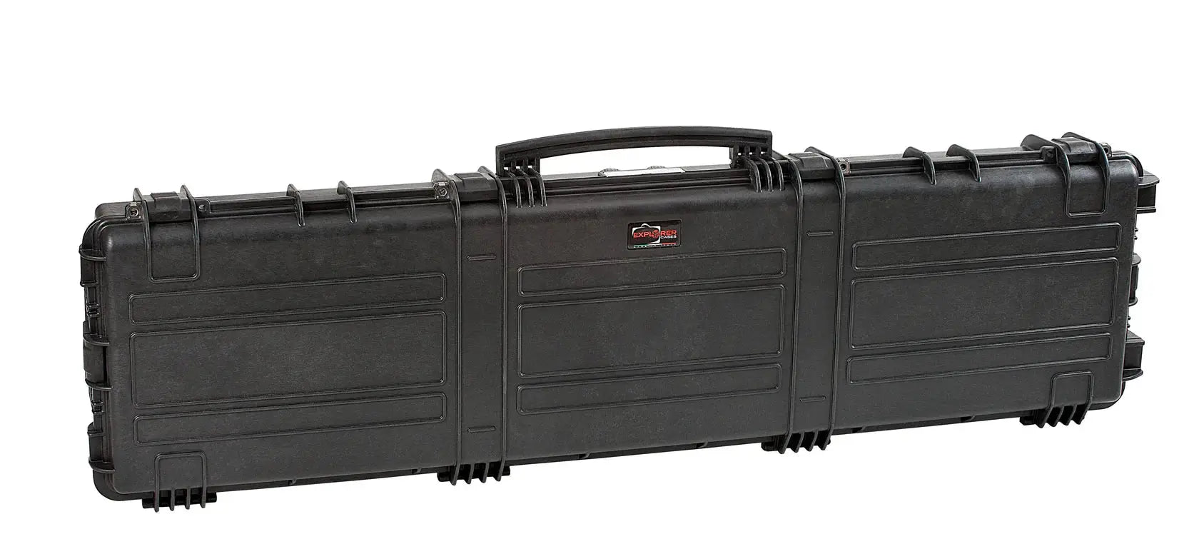 The Explorer 15416 is a large black waterproof case with a handle, latches, and stainless steel reinforced edges, designed for secure equipment transport.