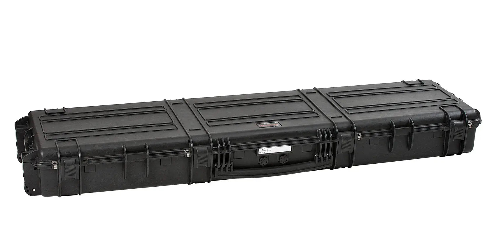 The Explorer 15416 is a long, black hard-shell waterproof case with stainless steel reinforced corners, handles, and secure latches, designed for safe transport of delicate or valuable equipment.