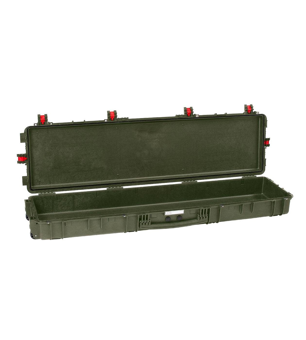 The Explorer 15416 is an open, empty green hard-shell rifle case with red latches, a handle, and stainless steel reinforced corners, displayed on a white background.