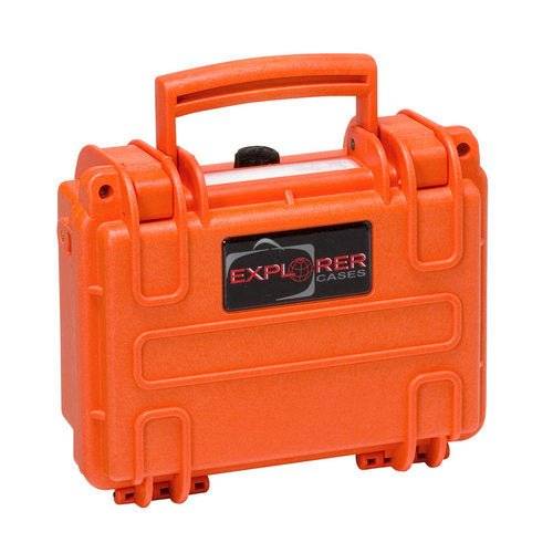 The Explorer 1908 is an orange waterproof case featuring a handle, secure latches, a pressure release valve, and "Explorer Cases" labeling on the front.