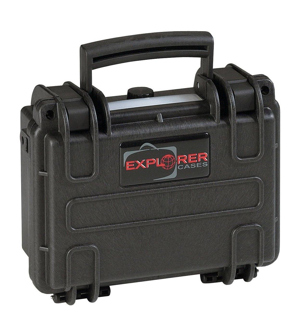 The Explorer 1908 is a black hard-shell waterproof case with a sturdy handle, side latches, pressure release valve, and a red and gray Explorer Cases logo on the front.