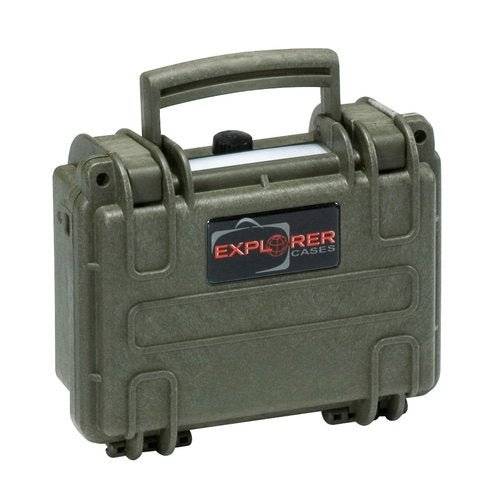 The Explorer 1908 is a small, green, hard-shell waterproof case with a handle, latches, a pressure release valve, and "EXPLORER CASES" branding on the front.