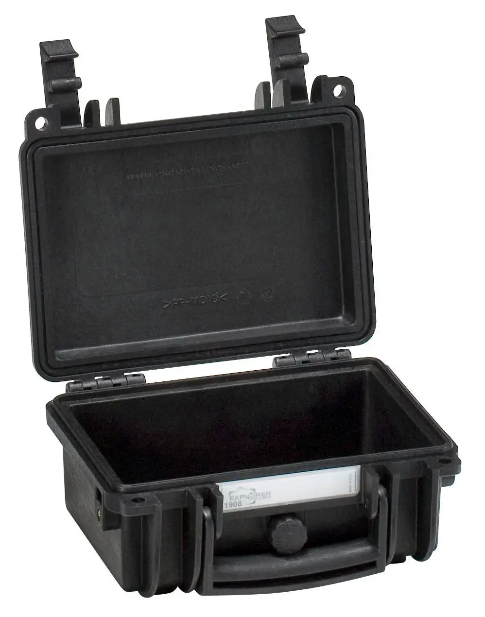 The Explorer 1908 is a small black hard plastic waterproof case with an open hinged lid, custom foam interior, and a front latch.