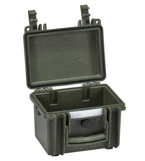 The Explorer 1913, a compact olive green corrosion-proof hard plastic case, is shown open with a custom foam interior and a front latch.