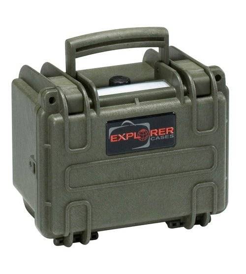 The Explorer 1913 is a sturdy, dark green hard plastic carrying case with a top handle, secure front latches, and a custom foam interior for added protection.