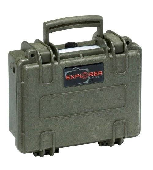 The Explorer 2209 is a small, hard-shell olive green waterproof case with a handle, secure latches, manual pressure release valve, and a black and red Explorer logo on the front.