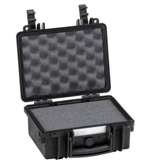 The Explorer 2209 is a compact black waterproof case with an open lid, showcasing its custom foam interior for secure storage.
