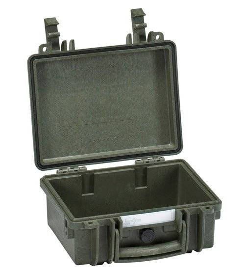 The Explorer 2209, an open and empty olive green waterproof case with latches, hinges, and handle, is shown on a white background; its design supports a custom foam interior.
