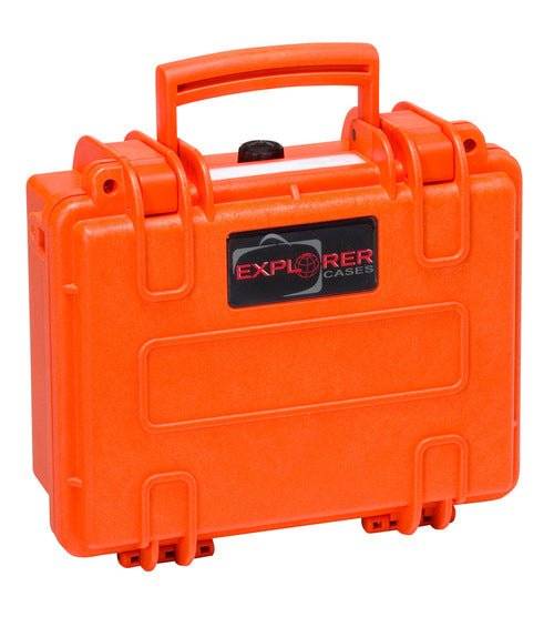 The Explorer 2209 is a bright orange waterproof case featuring a black Explorer Cases logo on the front, a sturdy top handle, and custom foam interior for secure storage.
