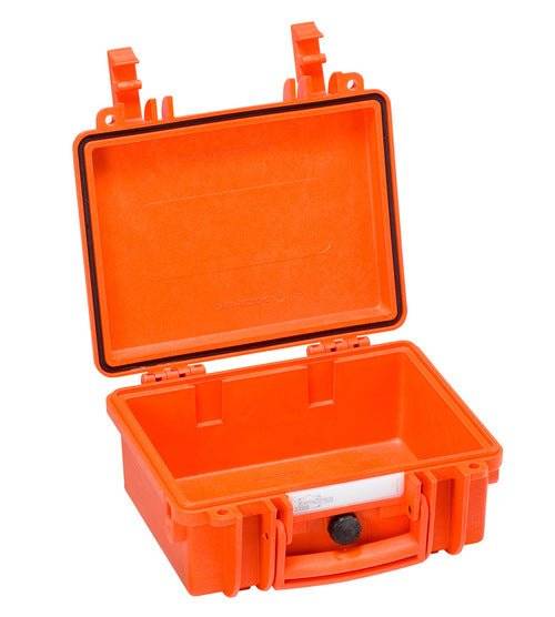 The Explorer 2209 is an open, empty orange hard plastic waterproof case with a hinged lid, latches, and a manual pressure release valve shown facing forward.