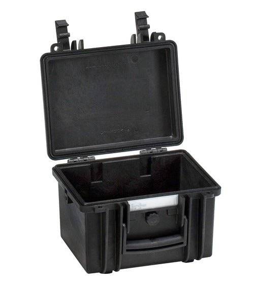 The Explorer 2214 is a black plastic hard case with an open hinged lid, front handle, visible latches, and a protective foam interior.