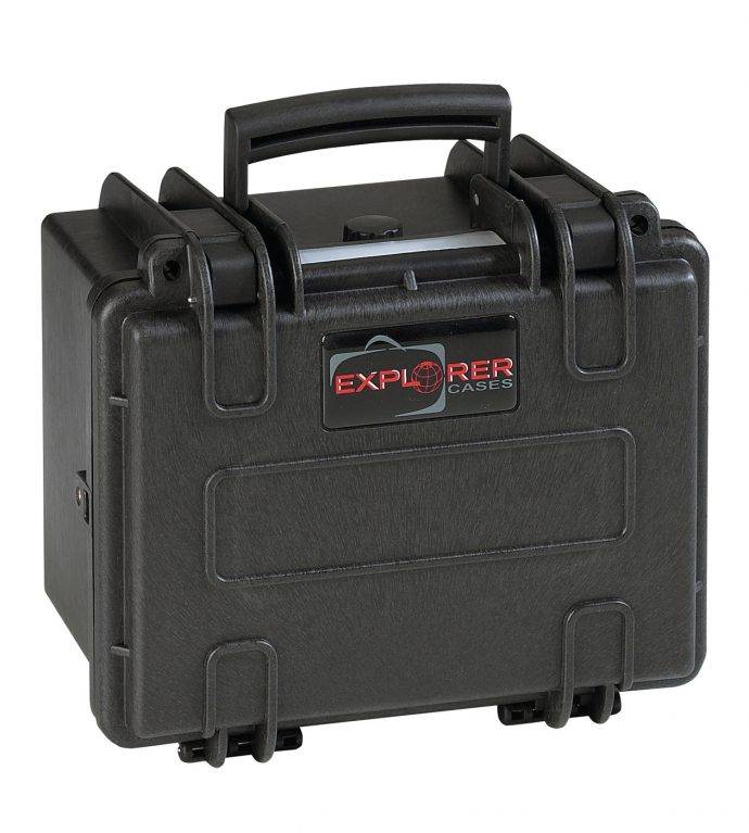 The Explorer 2214 is a black, hard plastic waterproof case featuring a top handle, front secure latches, corrosion-proof design, and a branded label.