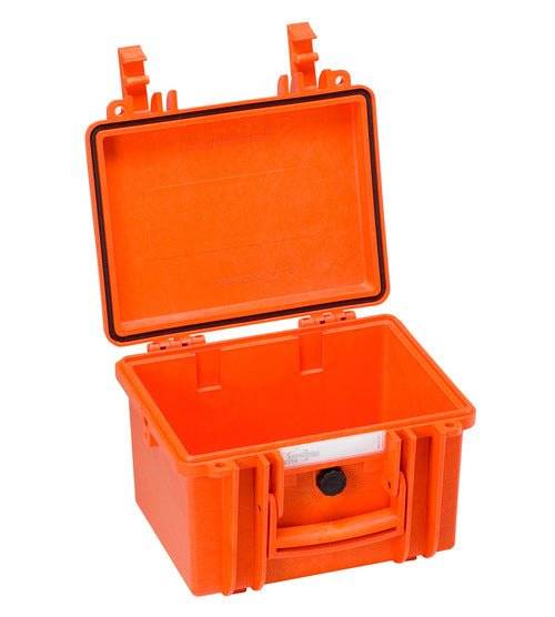 The Explorer 2214 is an open, empty, hard plastic orange waterproof protective case with secure latches and a front handle, designed to keep your gear safe.