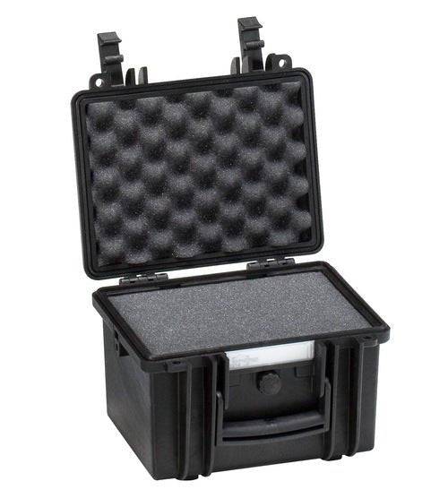 The Explorer 2214 is a compact black hard plastic waterproof case with an open lid, revealing a foam interior that cushions and protects your items.