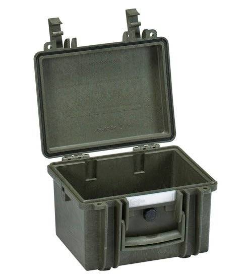 The Explorer 2214 is a green hard plastic waterproof case with a hinged lid open, showing an empty interior and a front handle.