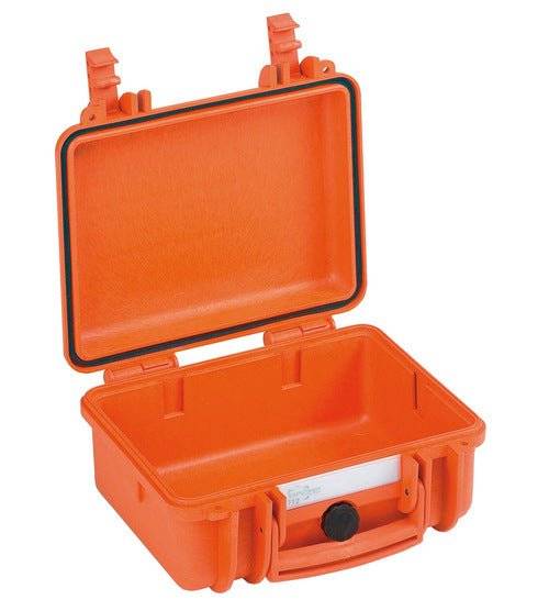 The Explorer 2712 is an open, empty orange hard plastic protective case with two latches, a handle, and space for a custom foam insert, displayed against a plain white background.