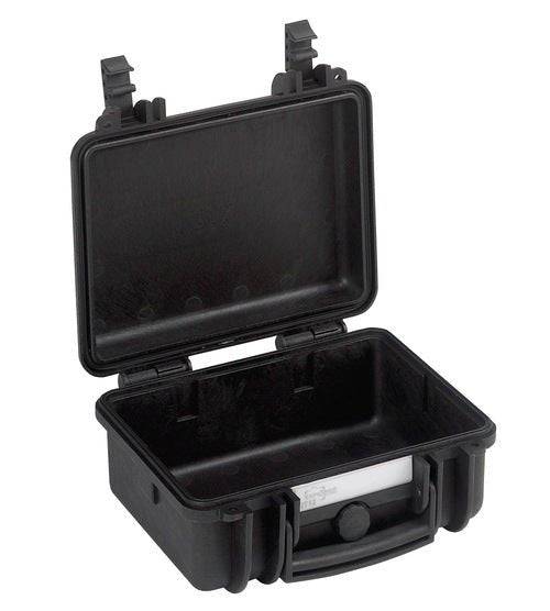 The Explorer 2712 is a black hard plastic case with an open hinged lid, empty interior, secure top latch clasps, and a waterproof label for extra durability.