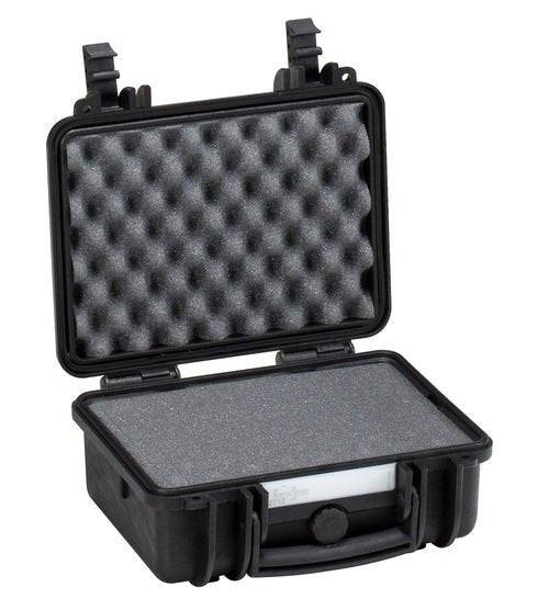The Explorer 2712 is a black hard-shell custom foam case, open to reveal foam padding in the lid and base for secure storage and transport. Perfect for use with panel mounting brackets or waterproof labels.