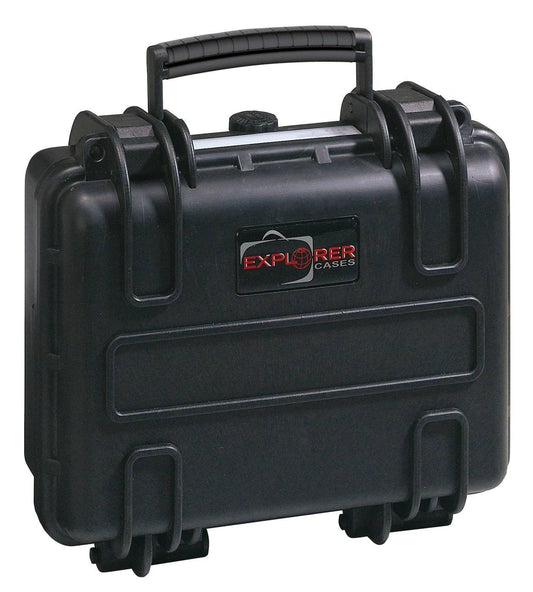 The Explorer 2712 is a black hard-shell case with a handle, secure latches, customizable foam interior, panel mounting brackets for versatility, and a waterproof label for easy identification—ideal for sensitive equipment.
