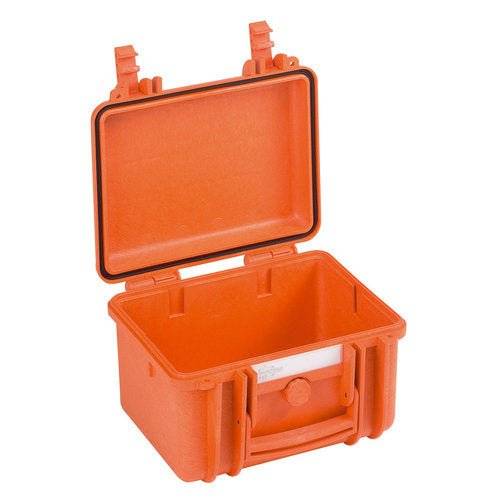 The Explorer 2717, an open, empty orange waterproof case with latches, handle, and purge valve, is shown at an angle—ready to be customized with a custom foam interior.