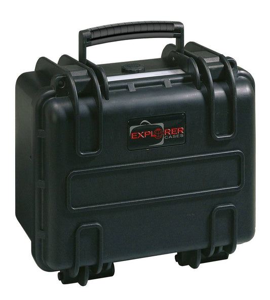The Explorer 2717 is a black, hard-shell waterproof case with custom foam interior, handle, secure latches, and purge valve—ideal for safely storing and transporting sensitive equipment.