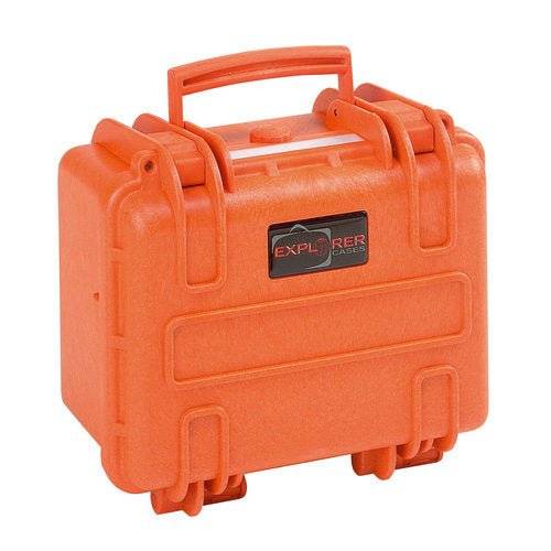 The Explorer 2717 is a compact, hard-shell orange waterproof case with a handle, secure clasps, and “Explorer Cases” branding on the front.